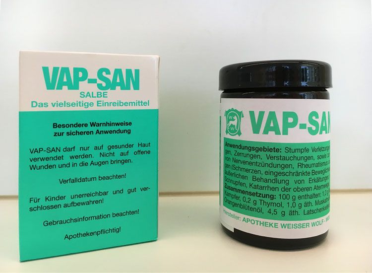 Vap-San Einreibemittel - Produktdarstellung von Vap San, wiederholt in einem ansprechenden Design