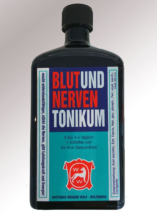 Blut und Nerven Tonikum - Produktflasche des "Blut und Nerven Tonikums" mit ansprechendem Design und klarer Beschriftung