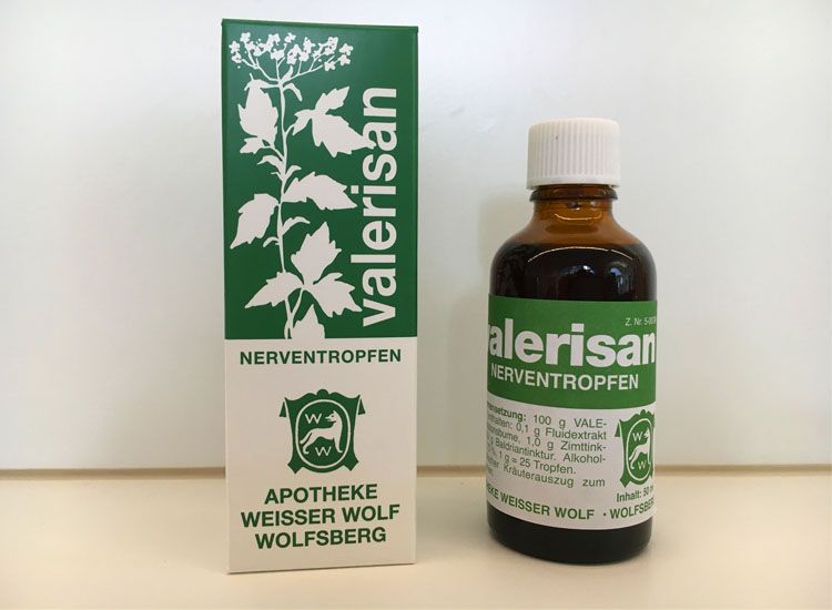 Valerisan Nerventropfen - Flasche mit Nerventropfen von valerisan neben der Schachtel