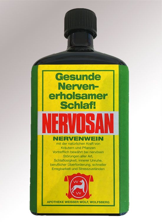 Nervenwein - Produktdarstellung von Nervosan: "Gesunde Nerven, erholsamer Schlaf" in ansprechender Verpackung