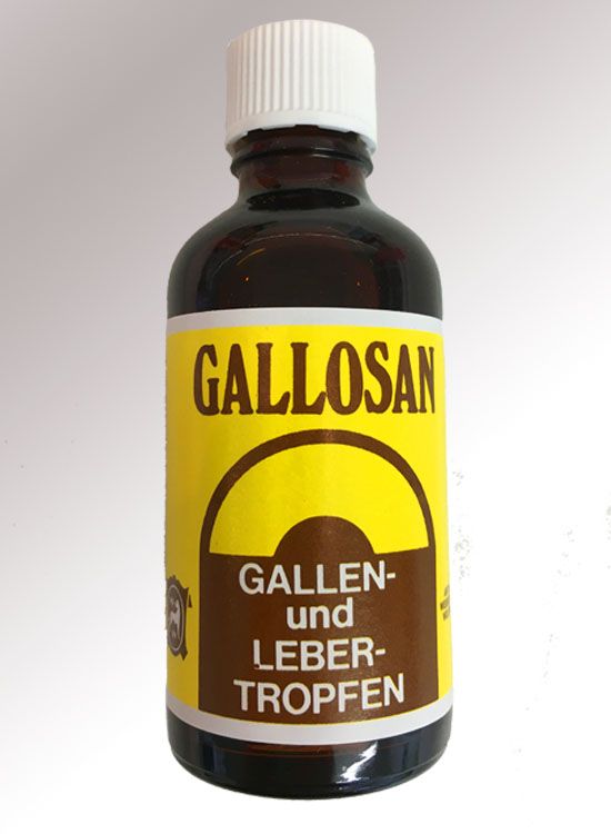 Gallosan - Gallosan "Gallen- und Lebertropfen" in einem Fläschchen, präsentiert auf einem schlichten Untergrund für Gesundheitsförderung