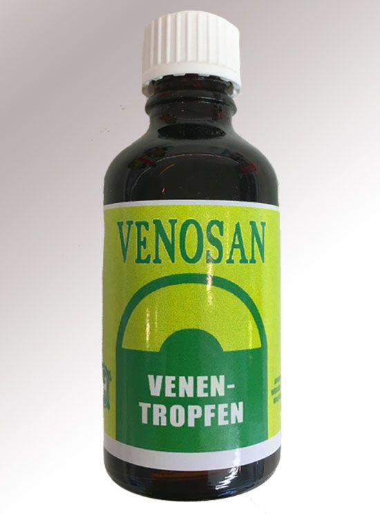 Venosan Venentropfen - Venosan "Venentropfen" Fläschchen, das zur Verbesserung der Venenfunktion dient, auf einem schlichten Hintergrund abgebildet